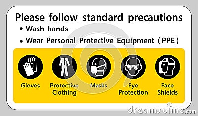 Please follow standard precautions ,Wash hands,Wear Personal Protective Equipment PPE,Gloves Protective Clothing Masks Eye Vector Illustration