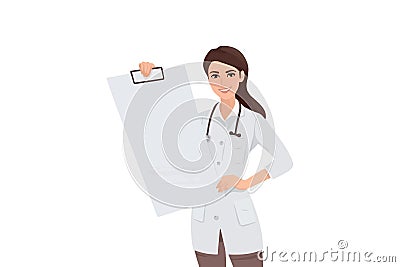 Pleased female doctor, clad in white medical attire, gestures to blank paper mockup. Cheerful general practitioner or therapist Vector Illustration