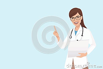 Pleased female doctor, clad in white medical attire, gestures to blank paper mockup. Cheerful general practitioner or therapist Vector Illustration