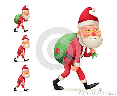 Pleased Happy Satisfied Christmas Santa Claus Heavy Gift Bag Cartoon Walk Tired Sad Weary Character Design Isolated Set Vector Illustration