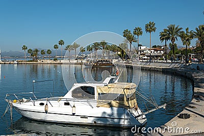 A pleasure boat for the entertainment of tourists stands in the port of Side Editorial Stock Photo