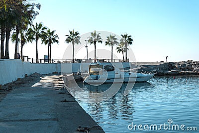 A pleasure boat for the entertainment of tourists stands in the port of Side Editorial Stock Photo