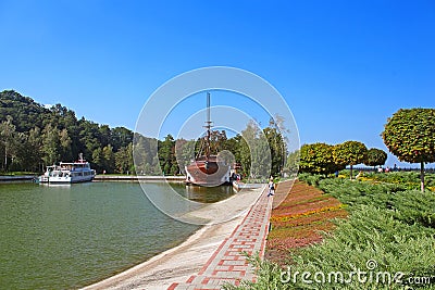 Pleasure boat and wooden Galleon ship-restaurant in Mezhyhirya, Ukraine Editorial Stock Photo