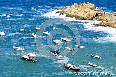 Pleasure Boats Anchored Near Shore Stock Photo
