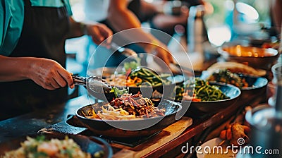 The pleasure of culinary discovery with images of people exploring diverse cuisines at local eateries, food trucks, or markets Stock Photo
