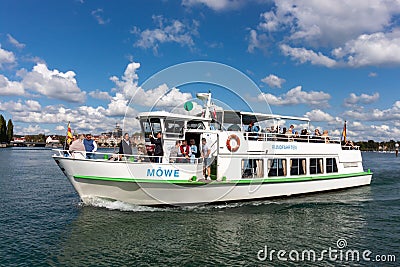 Pleasure ship in the bay of the city of Konstanz on Lake Constance Editorial Stock Photo