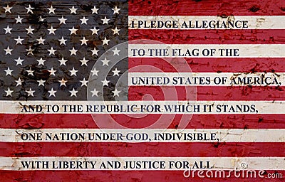 The pledge of allegiance on weathered flag Stock Photo