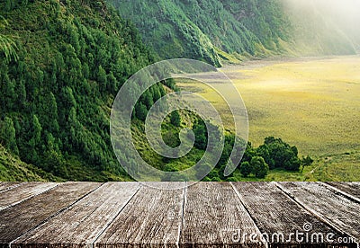 Plentifully tropical rain forest on mountain hills landscape in the morning, with wood floor Stock Photo