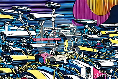 Plenty of CCTV cameras - retro comic book style Stock Photo