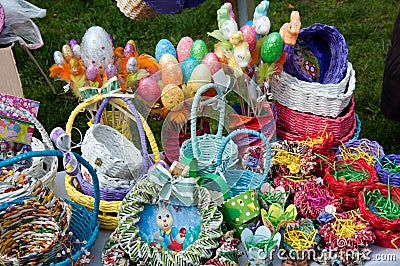 Plenty of colorful Easter eggs and wooden baskets handmade Editorial Stock Photo