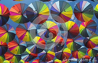 Plenty colorful umbrellas background bottom view Editorial Stock Photo