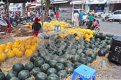 Plenty of watermelon are for sale in a street market in Vietnam Editorial Stock Photo