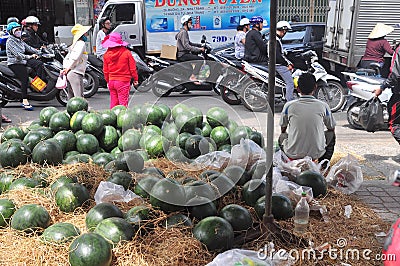 Plenty of watermelon are for sale in a street market in Vietnam Editorial Stock Photo