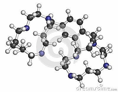 Plerixafor cancer drug molecule. Atoms are represented as spheres with conventional color coding: hydrogen (white), carbon (grey Stock Photo