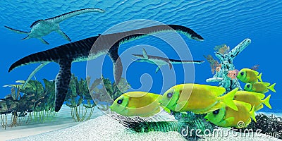 Plesiosaurus Coral reef Stock Photo