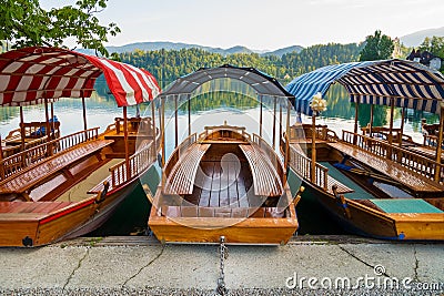 Pletna boats dock on Lake Bled in Slovenia Stock Photo