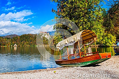 Bled, Slovenia view with castle and boat Stock Photo