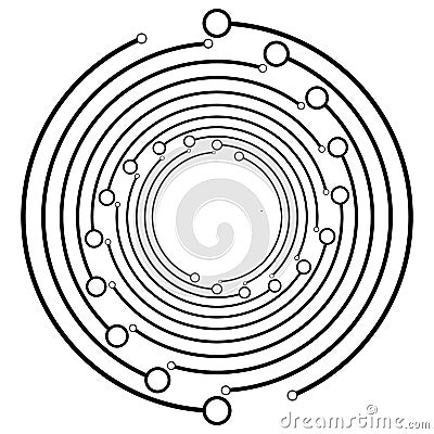 Plexus, wire-frame radial circles with nodes. Geometric spiral for technology, block chain, circuit like themes. Cycle rings Vector Illustration