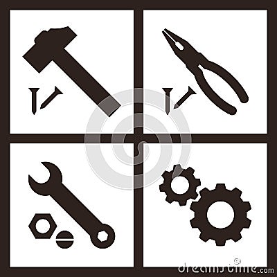 Pliers, hammer, wrench and gears icons Stock Photo