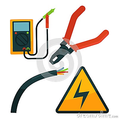 Pliers near electric rope and warning sign set on white Vector Illustration