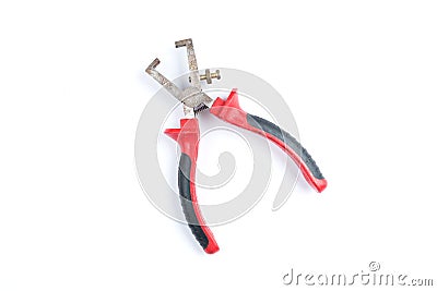 Pliers for removing isolation from electrical cables with red handles isolated on a white background. Electrician tool Stock Photo