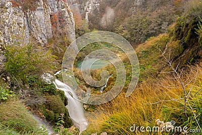 Plitvice Lakes on the mountain cliff Stock Photo