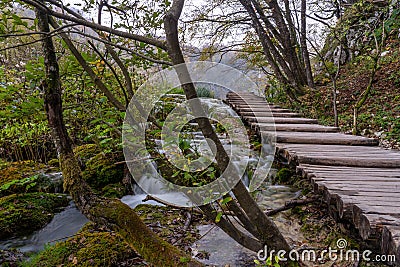 Plitvice lakes board walk on the steps Stock Photo