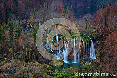 Plitvice Waterfall in autumn. Stock Photo