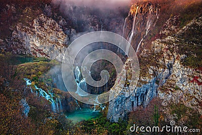 Plitvice Waterfall in autumn. Stock Photo