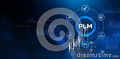 PLM Product lifecycle management system technology concept. Robotic arm 3d rendering. Stock Photo