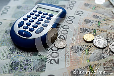 Pln polish money zloty with coin grosz and calculator Stock Photo