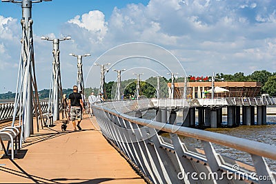 Plock, Poland, Europe - August 12, 2021. Pier over river Vistula ending by Molo Cafe refreshment Editorial Stock Photo