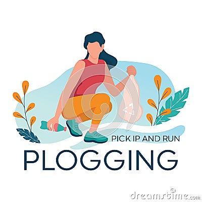 Plogging banner. Young woman pick up plastic bottle Vector Illustration