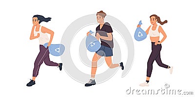 Plogging concept. Set of people running with bags and picking up litter. Men and women jogging and collecting garbage Vector Illustration