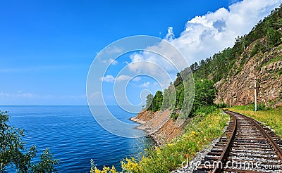 Plot Circum-Baikal railway near steep bank of Lake Baikal Stock Photo