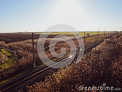 Plot railway. Top view on the rails. High-voltage lines for electric trains Stock Photo