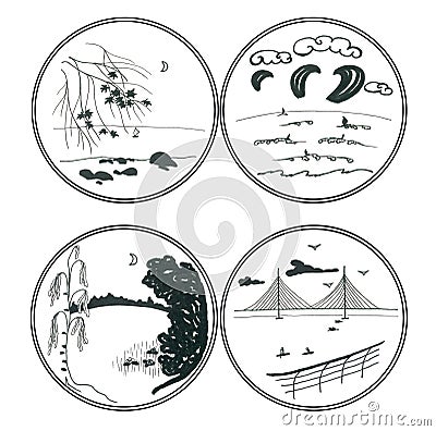 Set of stylized graphic summer romantic landscapes in circle frames Stock Photo