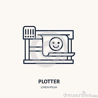 Plotter printer with printed paper flat line icon. Large,format printing device sign. Thin linear logo for printery Vector Illustration