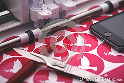 plotting machine with freshly cut pink stickers with peace dove symbol on carrier film Stock Photo