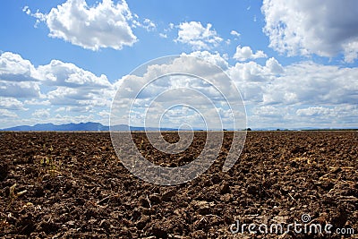 Plough plowed brown clay field blue sky horizon Stock Photo