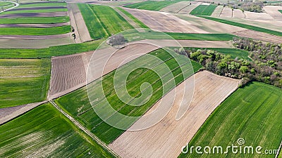 Ploughed or Plowed and Cultivated Fields in Farm. Geometric Fields Shapes. Aerial Drone View Stock Photo