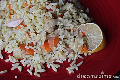 Plov. Vegan fresh tasty dish. rise with carrot, soya meat and garlic Stock Photo