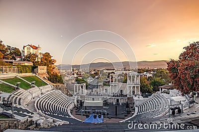 Plovdiv Roman Amphitheatre in Bulgaria at sunset Stock Photo
