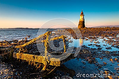 Plover Scar Lighthouse at sunset Stock Photo