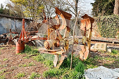 Plow old scrap particular work agriculture detail blades ploughshare Po Valley Italy Italian Stock Photo