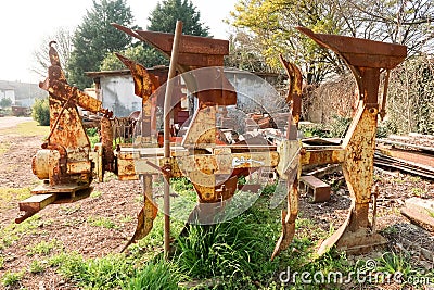 Plow old scrap particular work agriculture detail blades ploughshare Po Valley Italy Italian Stock Photo