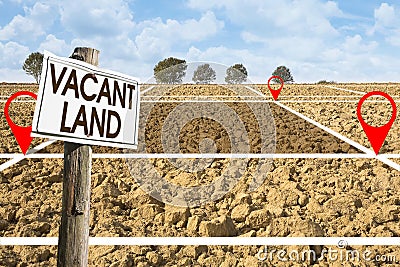 Plowed field with signboard and Vacant Land text - Land plot management - Real estate concept with a vacant land available for Stock Photo