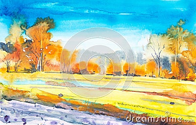 Plowed Russian field with forest in the background and grass in the foreground. Watercolor illustration of a rural location Cartoon Illustration