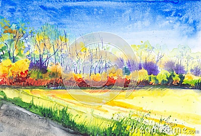 Plowed Russian field with forest in the background and grass in the foreground. Watercolor illustration of a rural location Cartoon Illustration