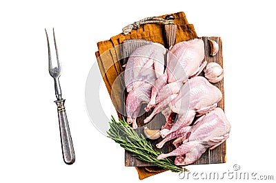 Plucked raw quails, fresh poultry on wooden board with spices. Isolated, white background. Stock Photo